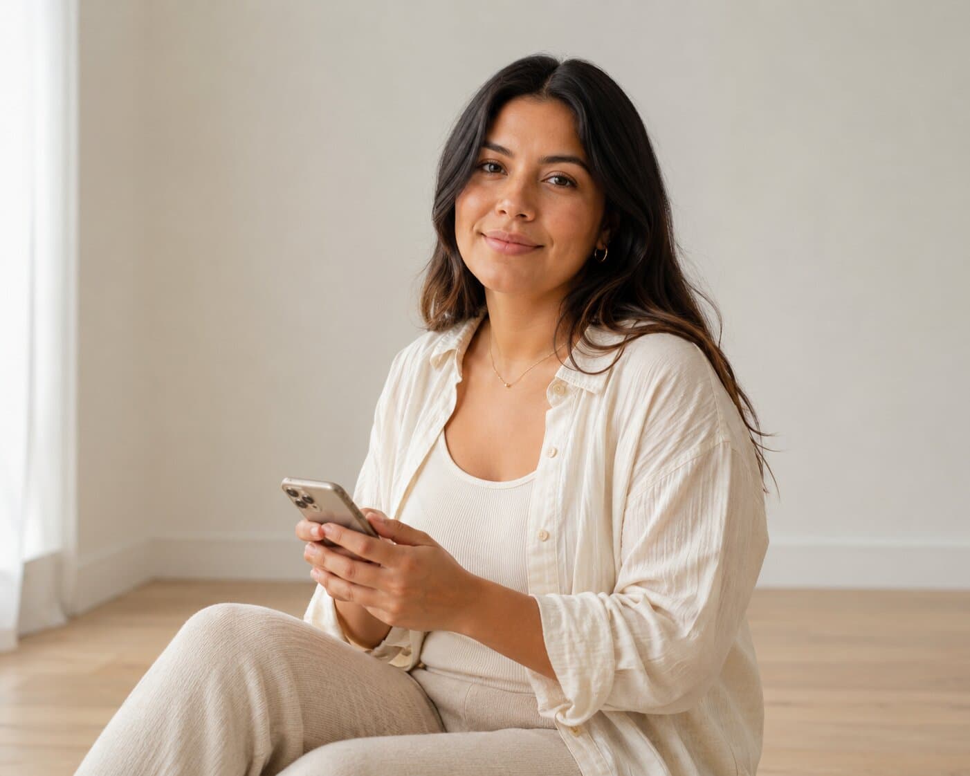 Creator holding a phone in a bright room